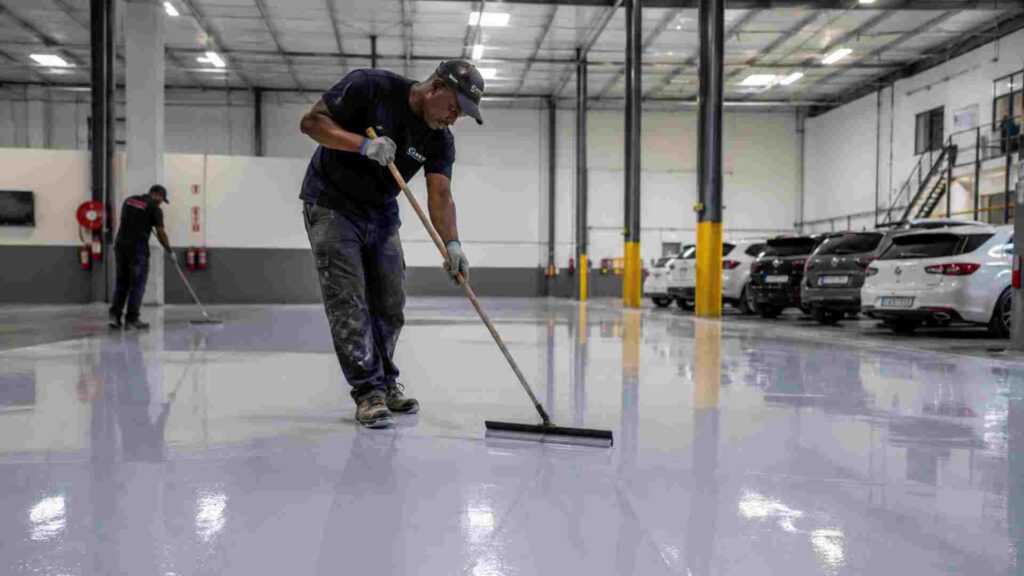 Epoxy flooring installation in commercial warehouse facility in Cape Town