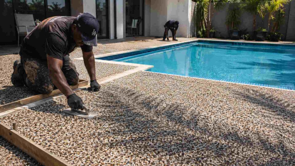 Stone carpet flooring installation around residential swimming pool in Cape Town